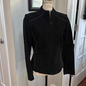 Vintage Black Suede Round Collar Jacket with Contrasting Top Stitching Zip Close